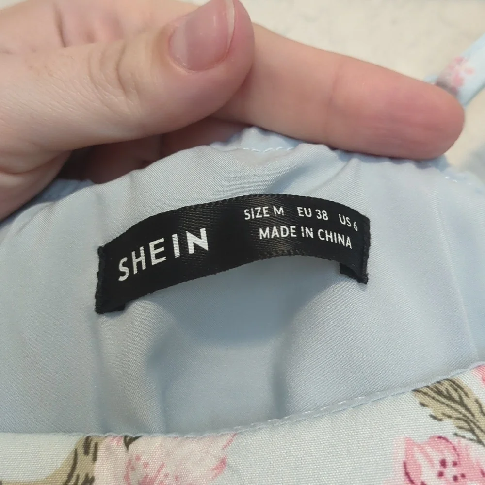 Shein MOD light blue pink ditsy floral lace up strapless mini dress - Picture 9 of 12